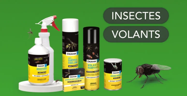 Large gamme d'insecticides : spray, aérosol, concentré, granulés. Éliminez mouches, moustiques, guêpes.