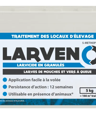 Gamme professionnelle Larvicide en granulés Larvenol pour le traitement des larves de mouches. Application facile, longue durée.