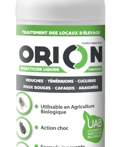 Gamme professionnelle Insecticide liquide concentré Orion. Traitement bio des locaux d'élevage contre mouches, cafards, araignées...
