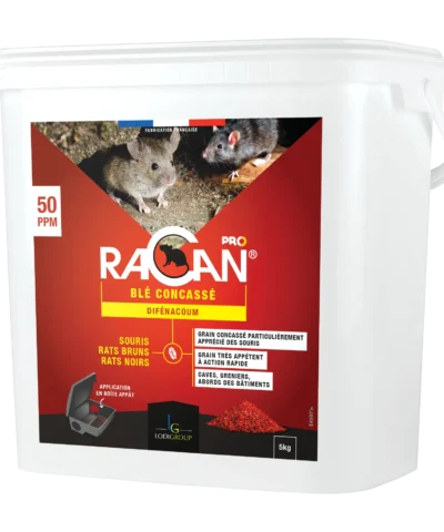 Gamme professionnelle Raticide Racan Pro, blé concassé, efficace contre souris, rats bruns et noirs. Appât prêt à l'emploi, 5kg.