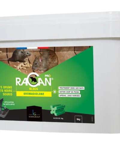 Gamme professionnelle Raticide Racan Pro, blocs de 30g. Élimine rats bruns, rats noirs et souris. Idéal lieux humides.