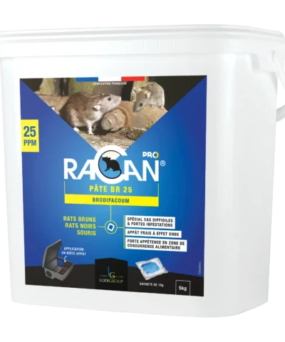 Gamme professionnelle Raticide Racan Pro, pâte appât très attractive. Élimine rats bruns, rats noirs et souris. Spécial fortes infestations.