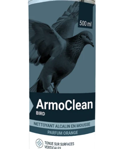 ArmoClean Bird : Nettoyant alcalin en mousse, parfum orange. Élimine efficacement les fientes de pigeons et autres salissures tenaces. Usage professionnel, 500ml. Idéal surfaces verticales.