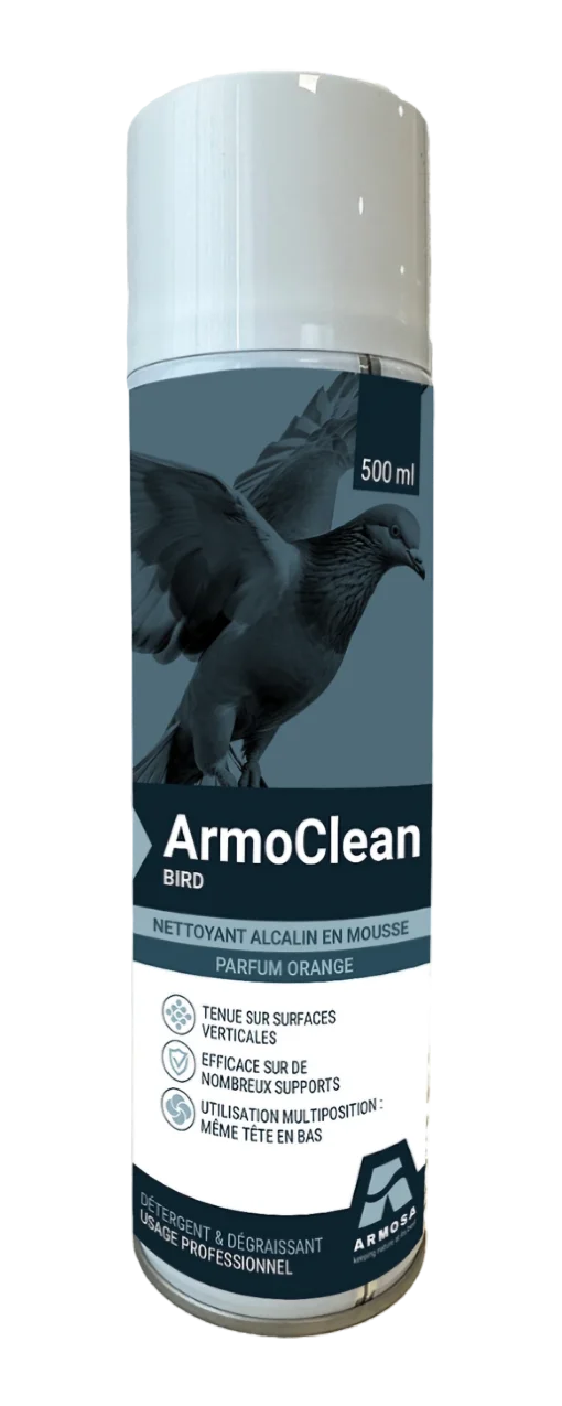 ArmoClean Bird : Nettoyant alcalin en mousse, parfum orange. Élimine efficacement les fientes de pigeons et autres salissures tenaces. Usage professionnel, 500ml. Idéal surfaces verticales.